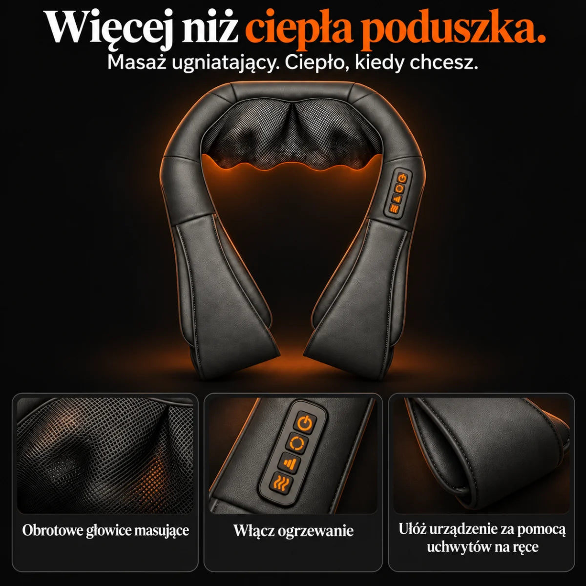 Masażer shiatsu karku w kolorze szarym: głowice masujące, przyciski i uchwyty na ręce w skrócie