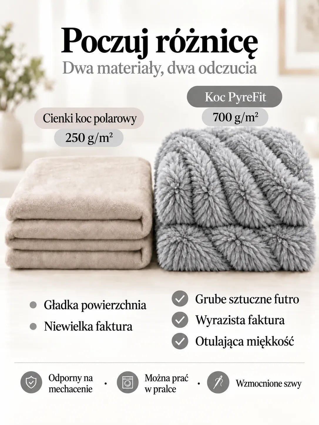Porównanie materiałów koca Jasnoszary