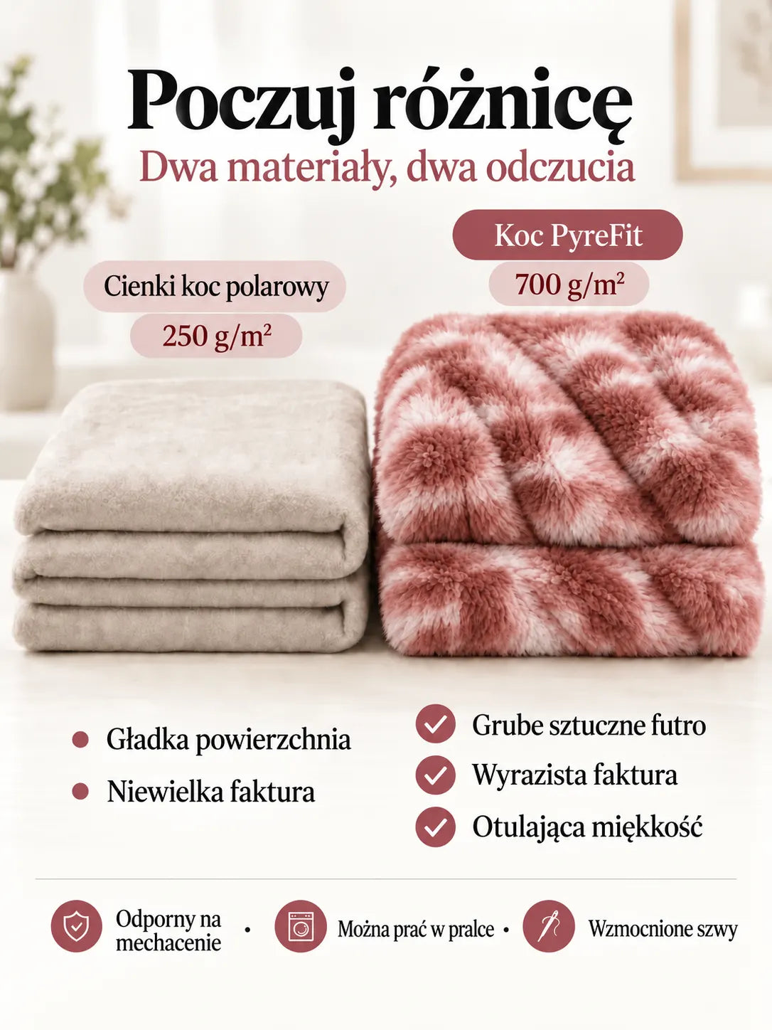 Porównanie materiałów koca Różowy melanż
