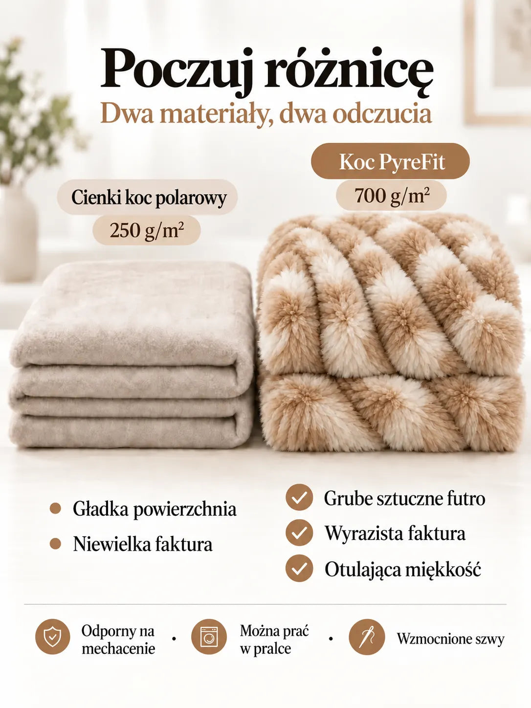 Porównanie materiałów koca Camelowy marmurkowy
