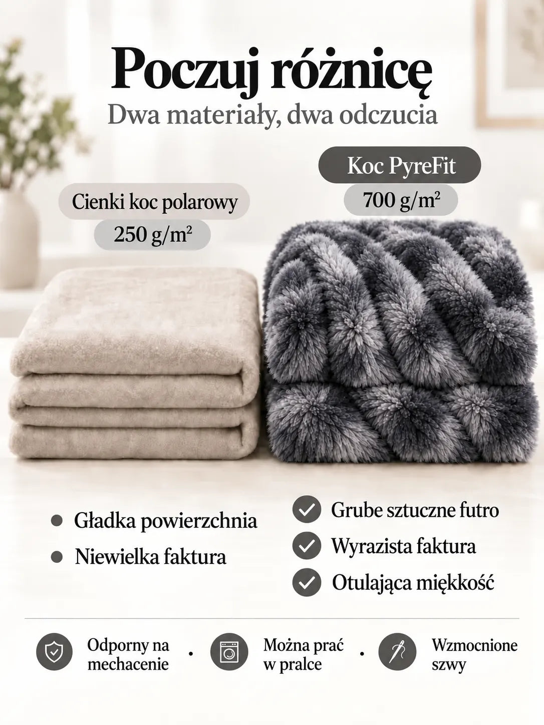 Porównanie materiałów koca Antracytowy marmurkowy