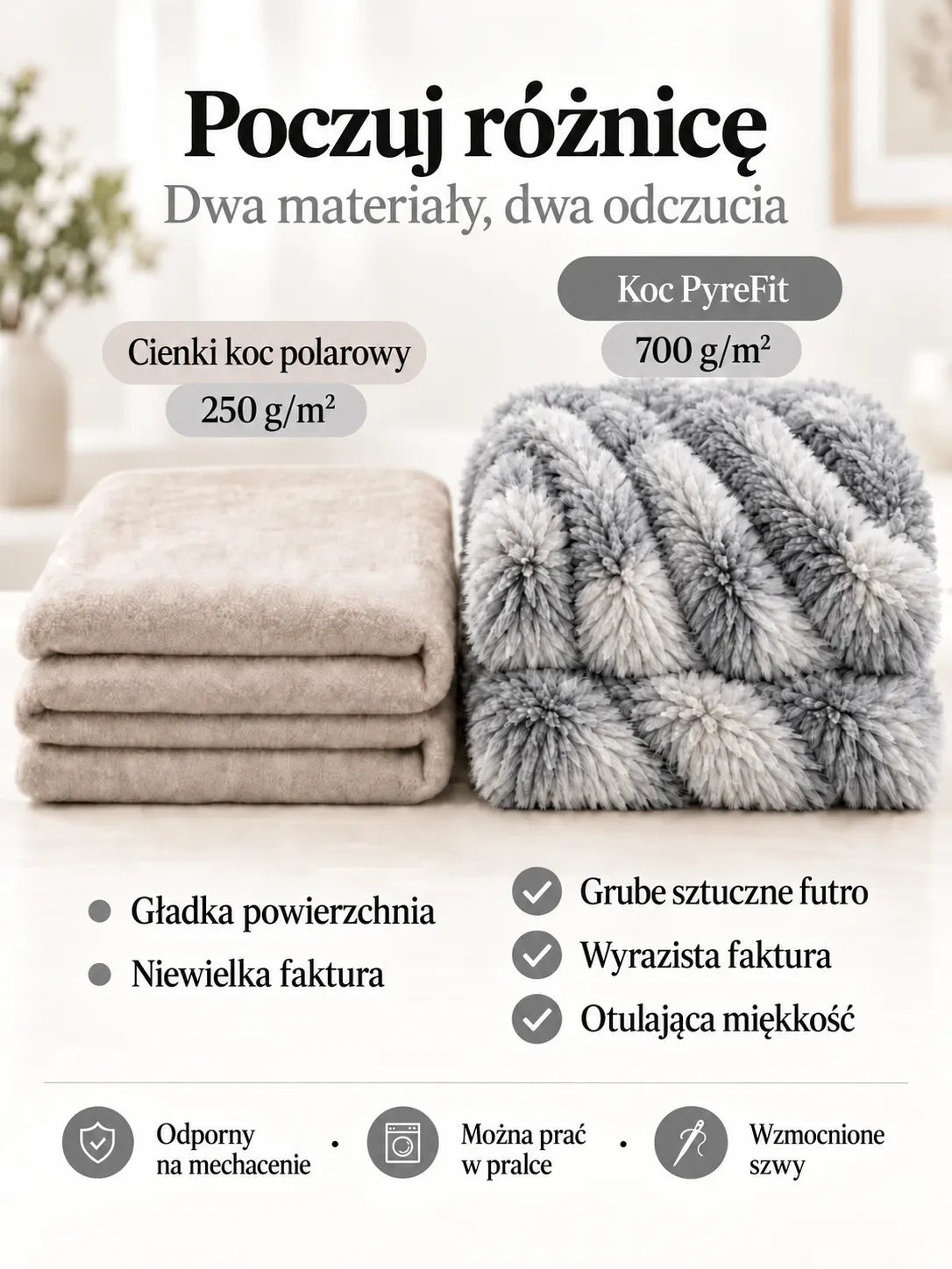 Porównanie materiałów koca Jasnoszary marmurkowy
