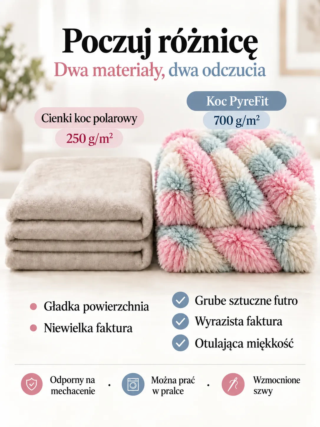 Porównanie materiałów koca Pastelowy wielokolorowy