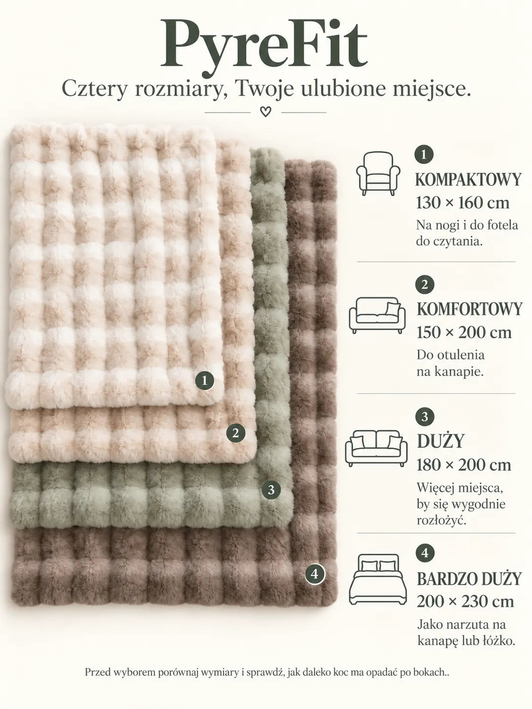 Przewodnik po rozmiarach: kompaktowy 130 × 160, komfortowy 150 × 200, duży 180 × 200 i bardzo duży 200 × 230 cm